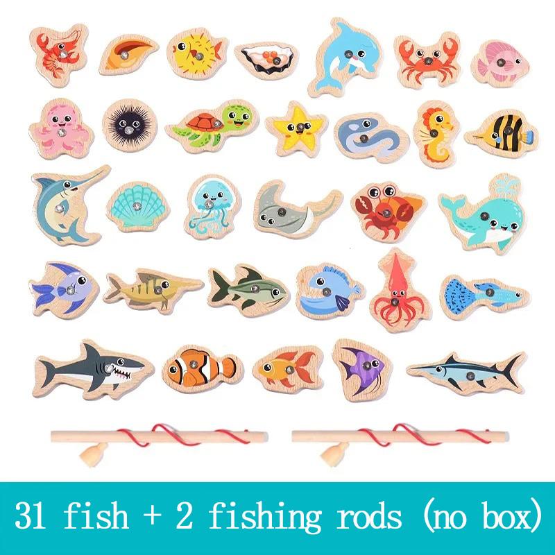 Fishing Toys Montessori Wooden For Children Magnetic@Marine Life Cognition&Fish Games Parent-Child Interactive#Educational Toy!!