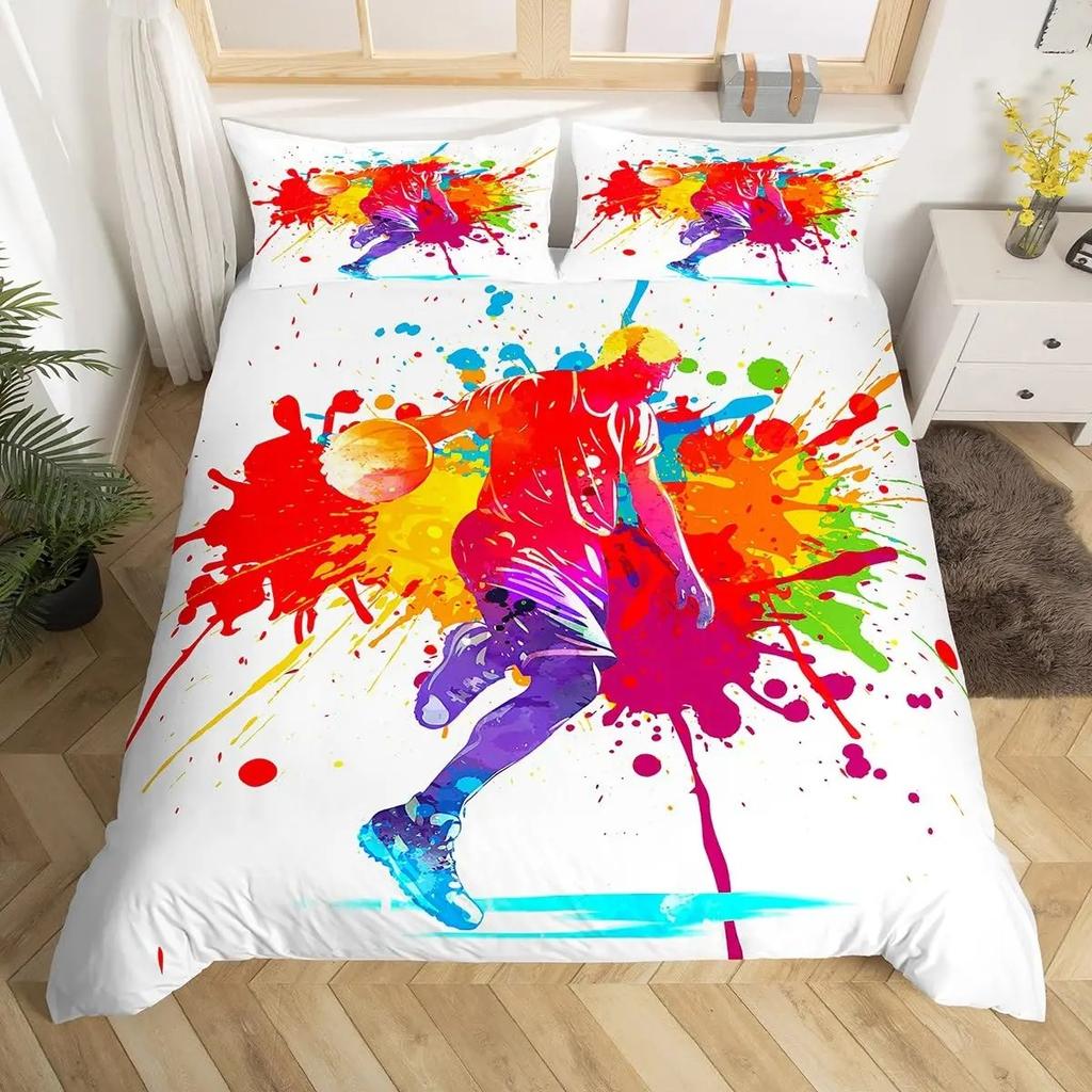 Basketball Duvet Cover Queen Blue Red Green Tie Dye Bedding Set Grunge Neon Sports Comforter Cover Neon Ball Game Quilt Cover