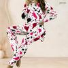 Women Plus Size White Red Black Printed Two Piece Set Round Neck Long Sleeve Longline Top Fitted Pants