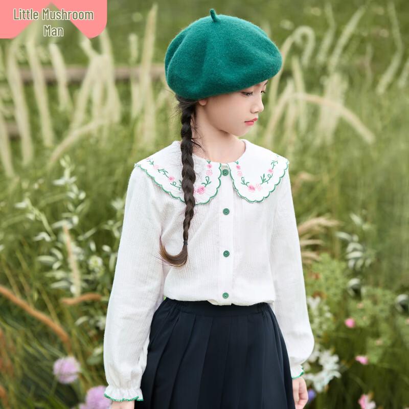 Little Inman Girls  Long Sleeve Floral Embroidered Peter Pan Collar Shirt 120