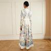 French Retro Floral Lapel Long-sleeved Lace-up Waist Holiday Wind Flower and Bird Pattern Temperament Thin Dress