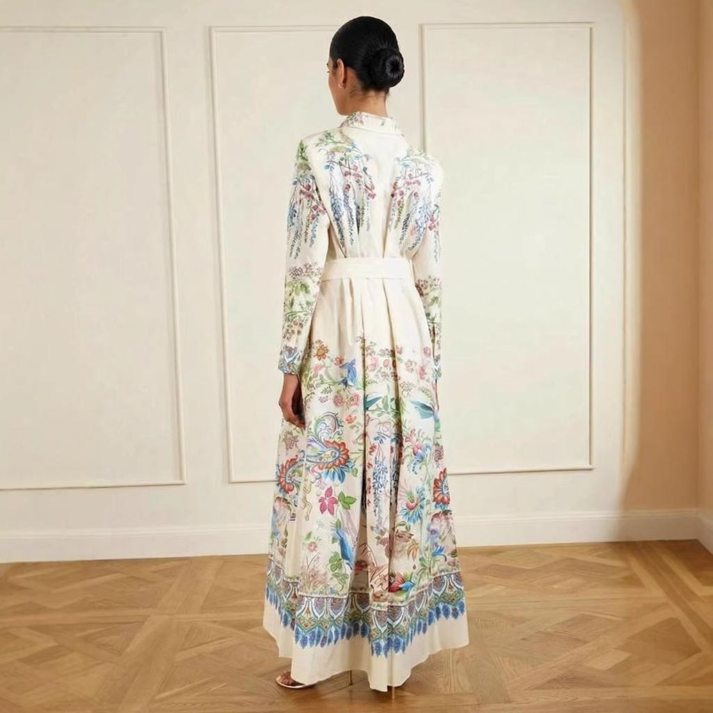 French Retro Floral Lapel Long-sleeved Lace-up Waist Holiday Wind Flower and Bird Pattern Temperament Thin Dress
