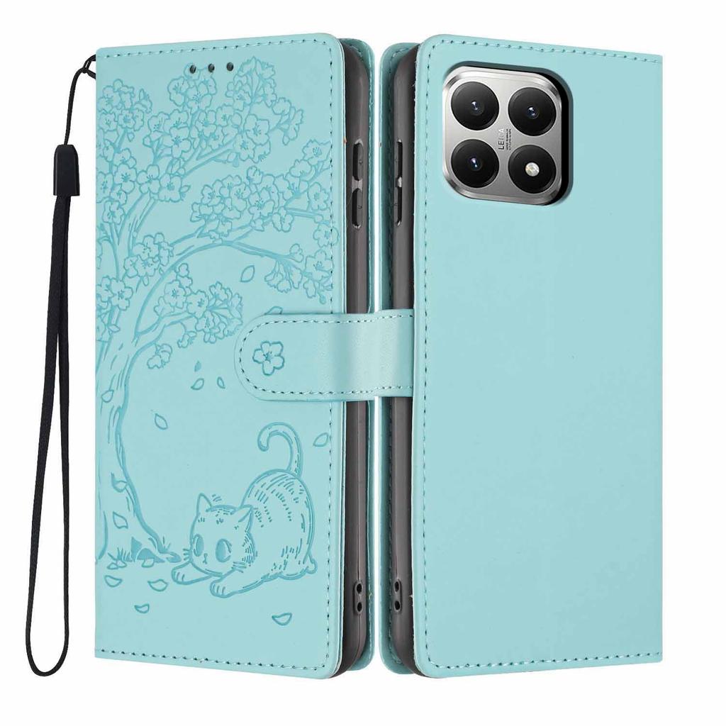 For Xiaomi 15T Stand Case Tree-and-Cat Pattern PU Leather Wallet Protective Phone Cover with Wrist Strap