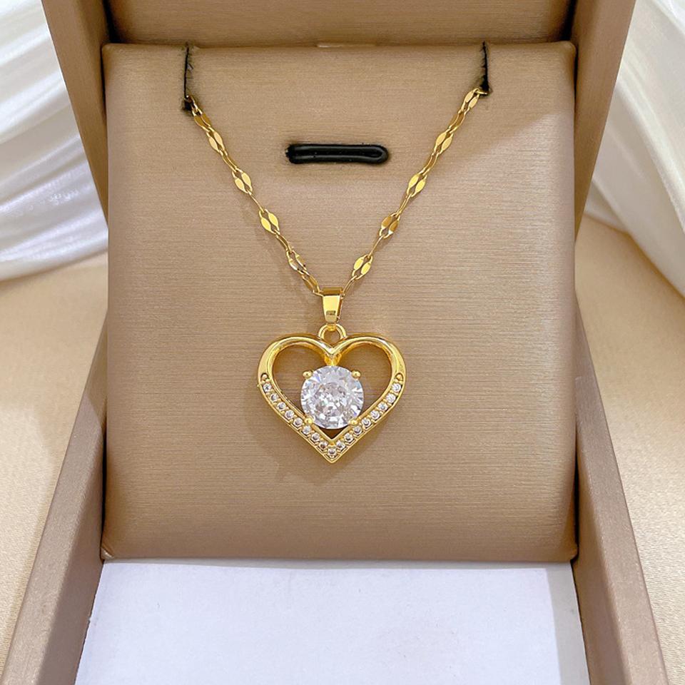 

ZAKOL Корейская Мода Золотистый Цвет Нержавеющая Сталь Сердце Круглый Кулон с Цирконием Ожерелье для Женщин Леди Милые Циркониевые Аксессуары Подарки