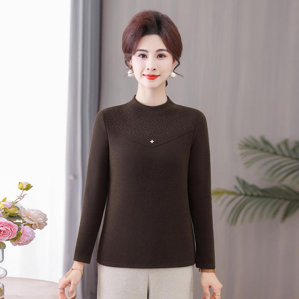 Women's Long-Sleeve Velvet-Lined Warm T-shirt for Middle-Aged & Elderly - Autumn/Winter Layer