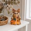Warm Glow Decoration Light Halloween Lighted Patchwork Ghost Figurine, Light-Up Bow with Pumpkin Vintage Figurine Lantern, Ghosts Lamp for Holiday
