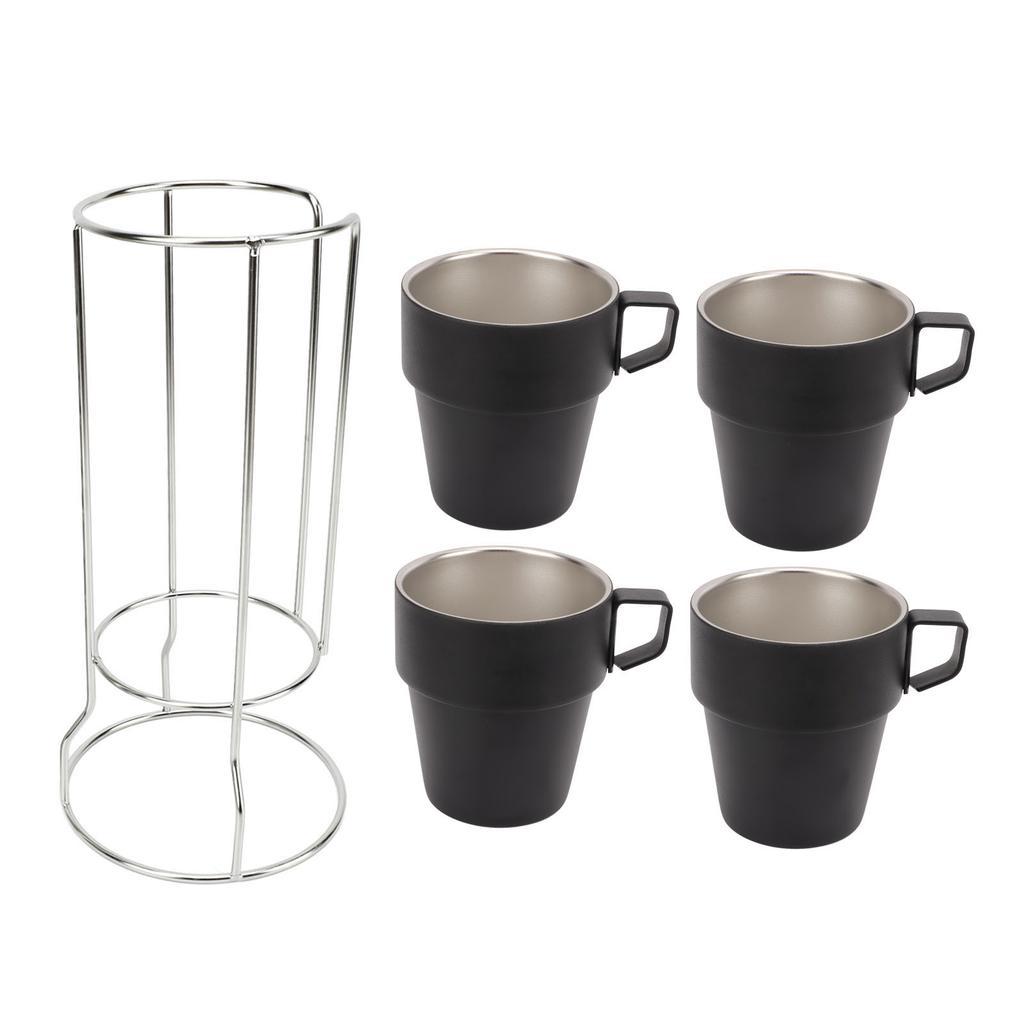 4PCS Camping Double Layer Cups Stainless Steel Food Grade Plastic Spraying Stackable Coffee Cup for Picnic Black