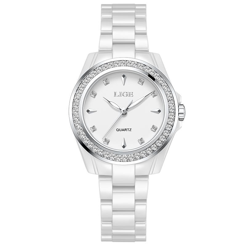 LIGE Elegant Women's Watches Ceramic Diamond Quartz Watch Fashion Waterproof Luminous Clock Ladies Wristwatch Montre Femme+BOX