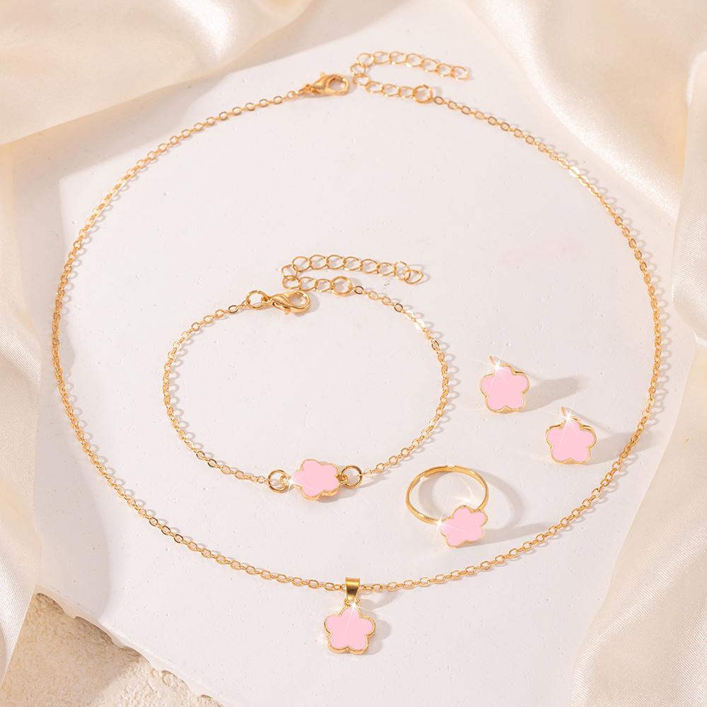 5pcs/set Stainless Steel Lucky Five Petal Flower Zircon SetBracelet Necklace Earrings Zircon Set, Perfect For Giving Gifts