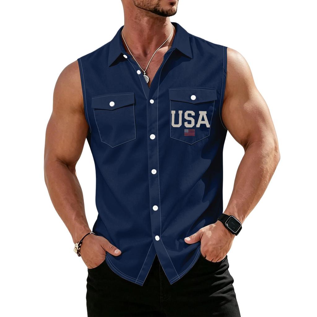 Men's Workwear Lapel Button-Down Vest Shirt - Lightweight Sleeveless Top
