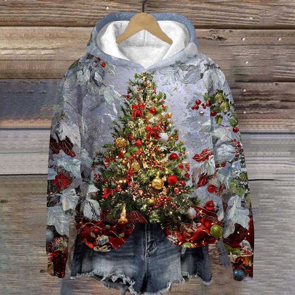 Women's Fashion Long Sleeve Christmas Print Loose Hooded Sweatshirt Top