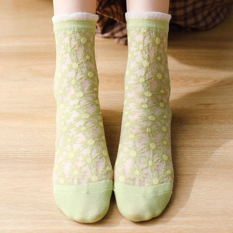 

3 пары кружевных чулок женские универсальные тонкие летние кружевные края стекловолоконная центральная трубка 3 Pairs зелёный