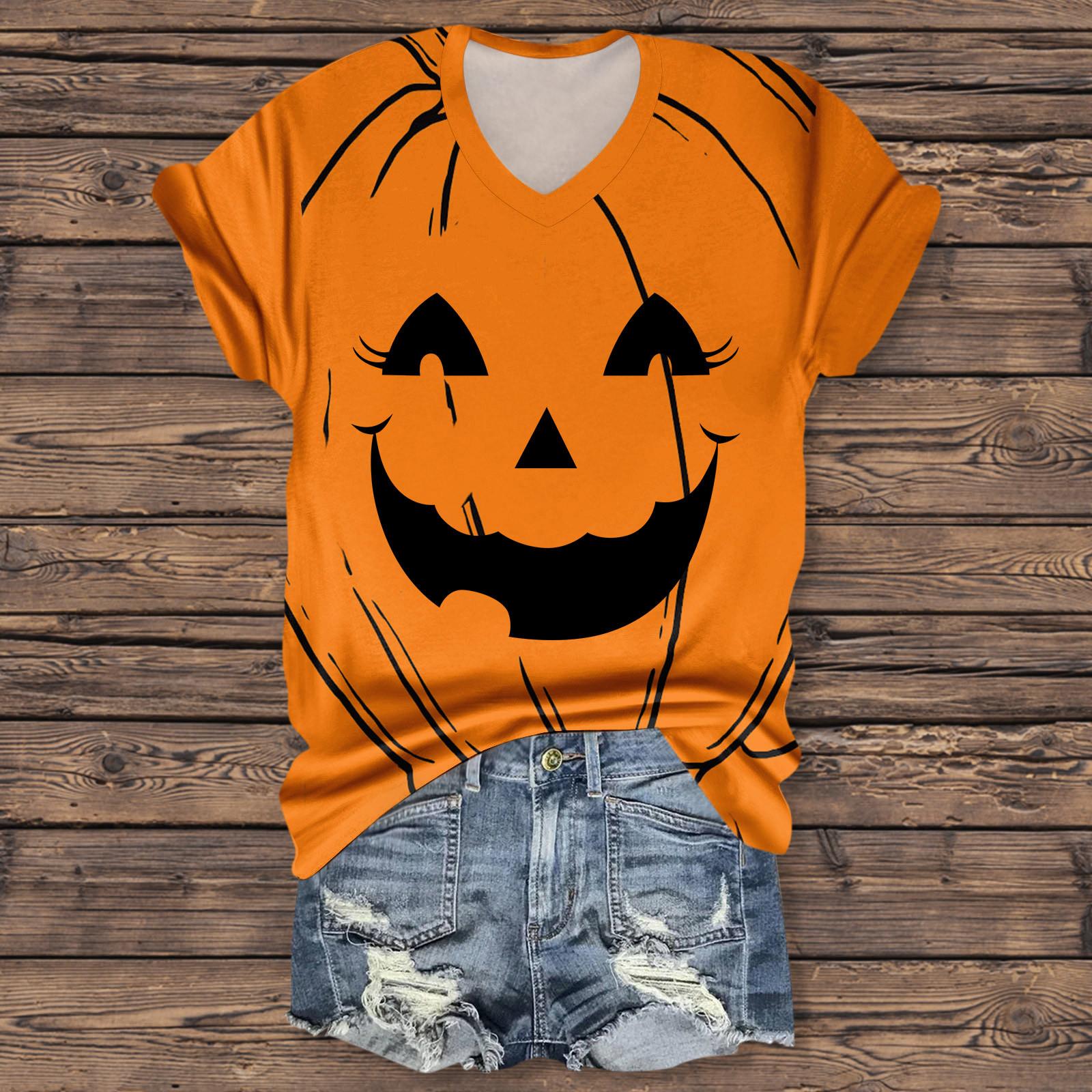 

Women s Fashion Casual Three-quarter Sleeve Halloween Letters, Face Print Top M помаранчевий