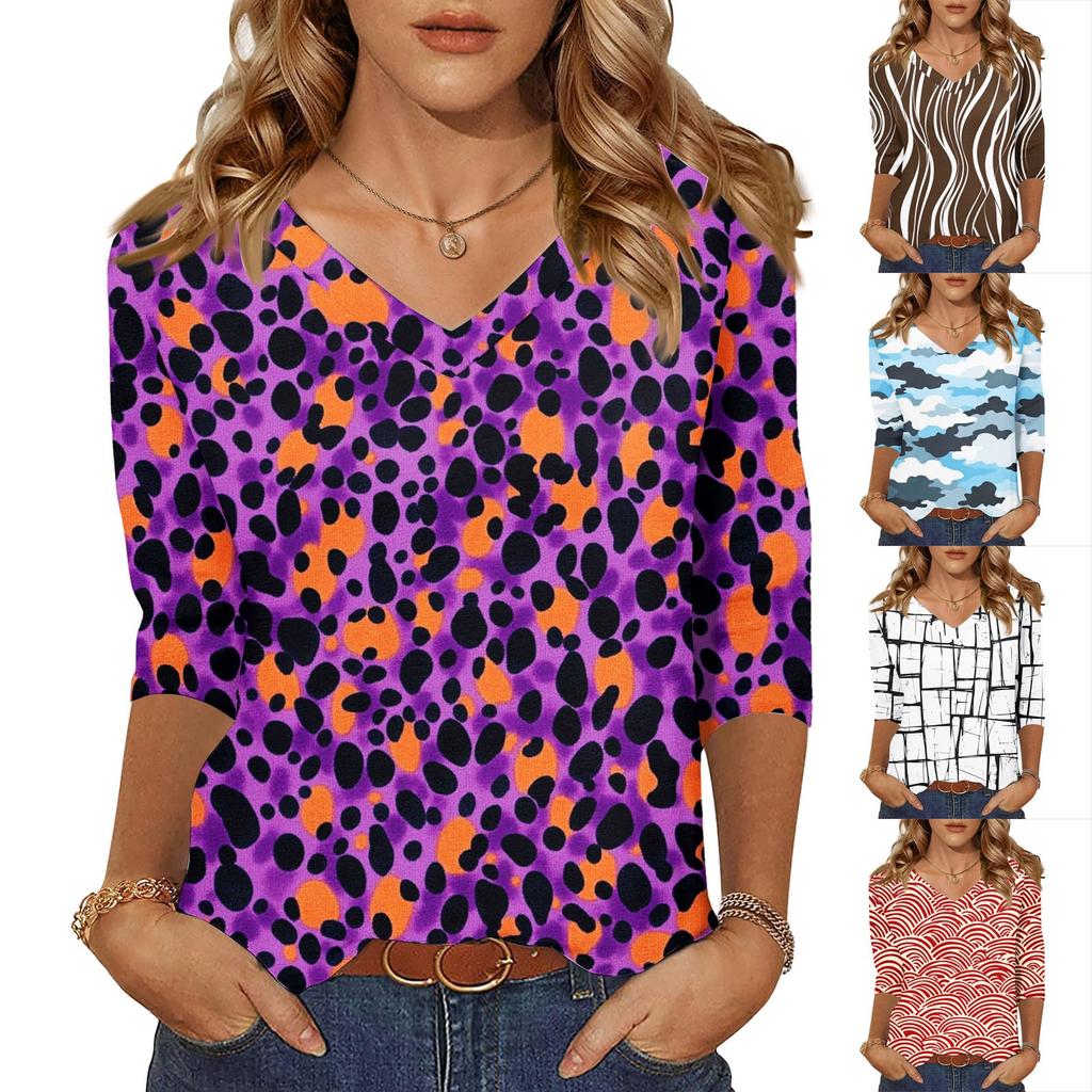 Women's Tops Three-quarter Sleeve Shirt V-neck Loose Casual Shirt Textured Printed T-shirt