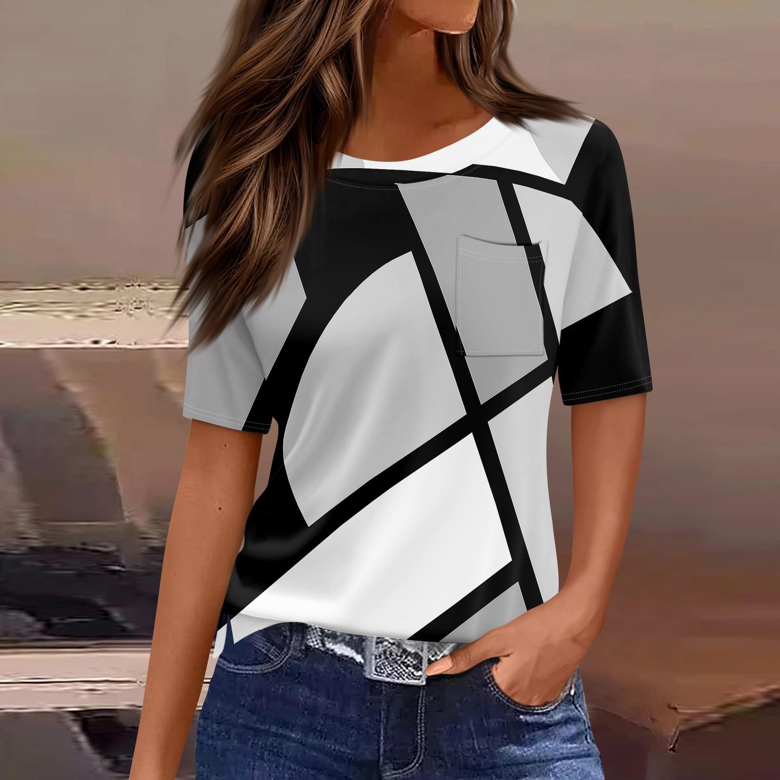 

Футболки для женщин, плиссированные, с круглым вырезом, нарядные, повседневные, блузки с принтом, с коротким рукавом, летние топы, свободный крой L