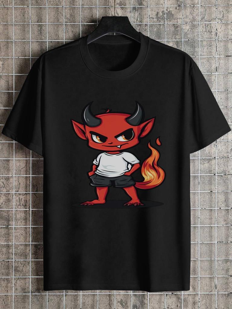 Devilish Flame Cartoon Character Graphic T-shirt - 180g Cotton Crew Neck Short Sleeve Tee with Single-Sided Digital Print
