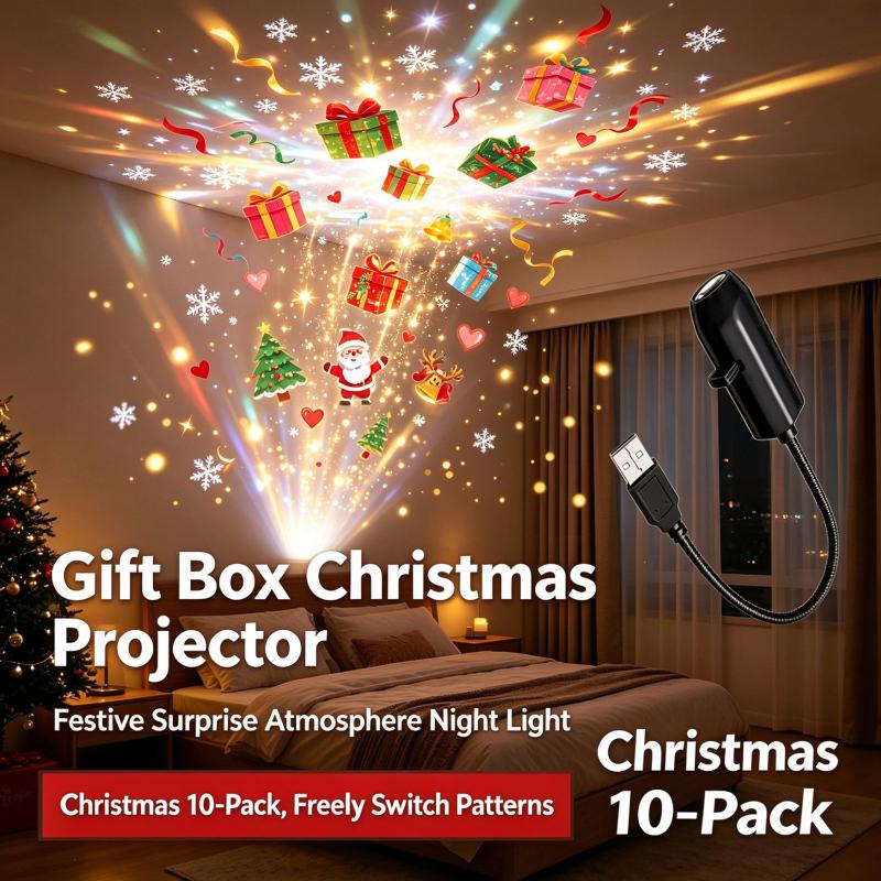 Usb Christmas Projector Light 10Pcs Patterns Adjustable Night Light Xmas Santa Snowman Church Nativity Projection Lamp Decor