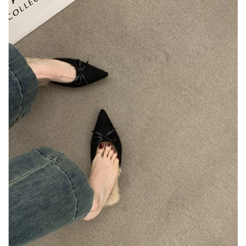 Fur Bow Pointed Toe Women Cotton Slippers Suede Mules Heels Shoes Woman 2025 Winter Boots Elegant Dress Flip Flops Mujer Zapatos