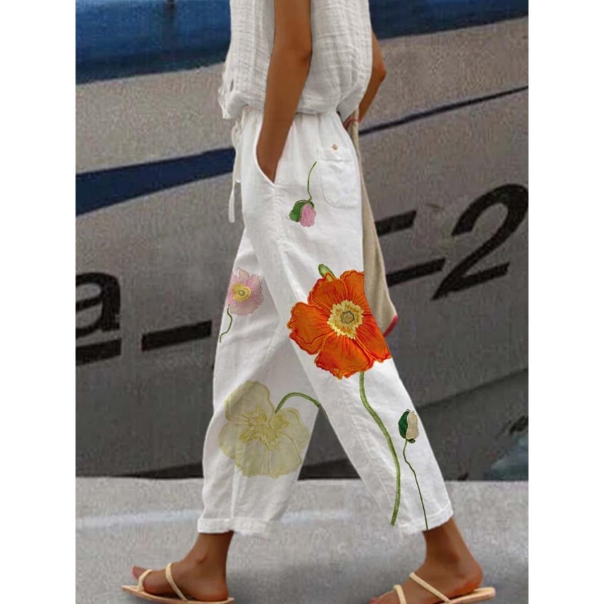 

Женские брюки с широкими штанинами с цветочным принтом - Розовый узор, Прямые штанины с карманом, Наряд для весеннего и летнего отпуска, Элегантная коллекция, Брюки с принтом XXXL