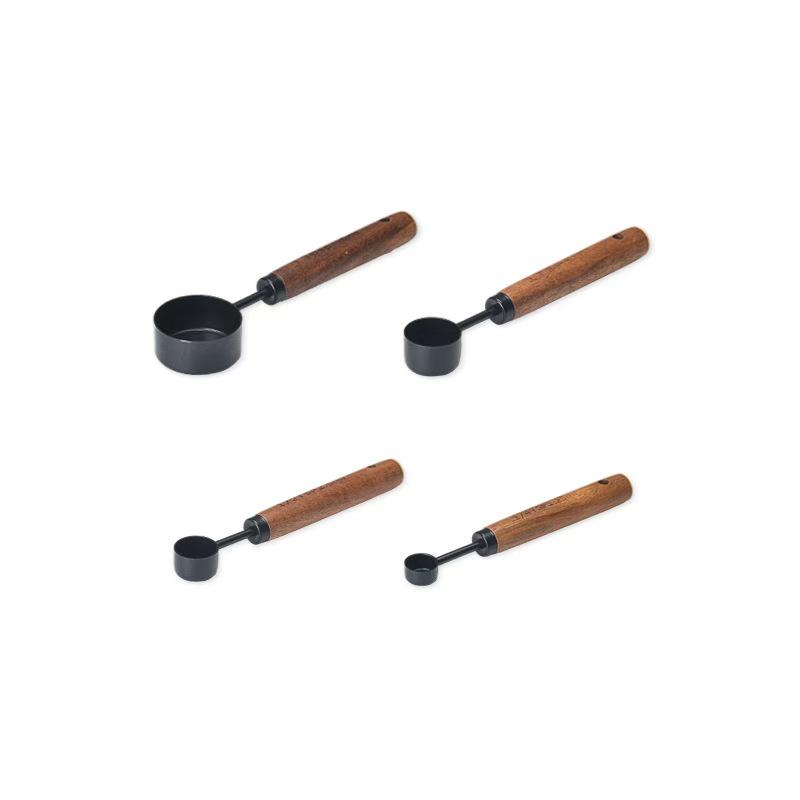 Gold & Black Stainless Steel Measuring Cups and Spoons with Wooden Handles and Scale - Multifunctional Baking & Coffee Spoon Set