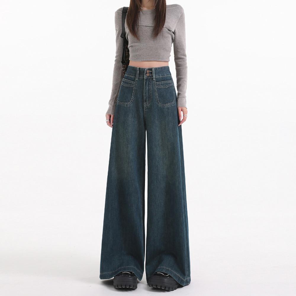 Street personality wide-leg jeans women's spring and autumn new retro wide-leg pants pear-shaped body mopping pants