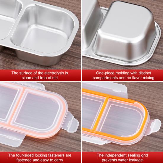 2Pcs Stainless Steel Snack Containers Leak-proof Sauce Box 700ml Divided Snack Food Containers 2/3 Compartment Condiment Box with Lids for Kids Adults