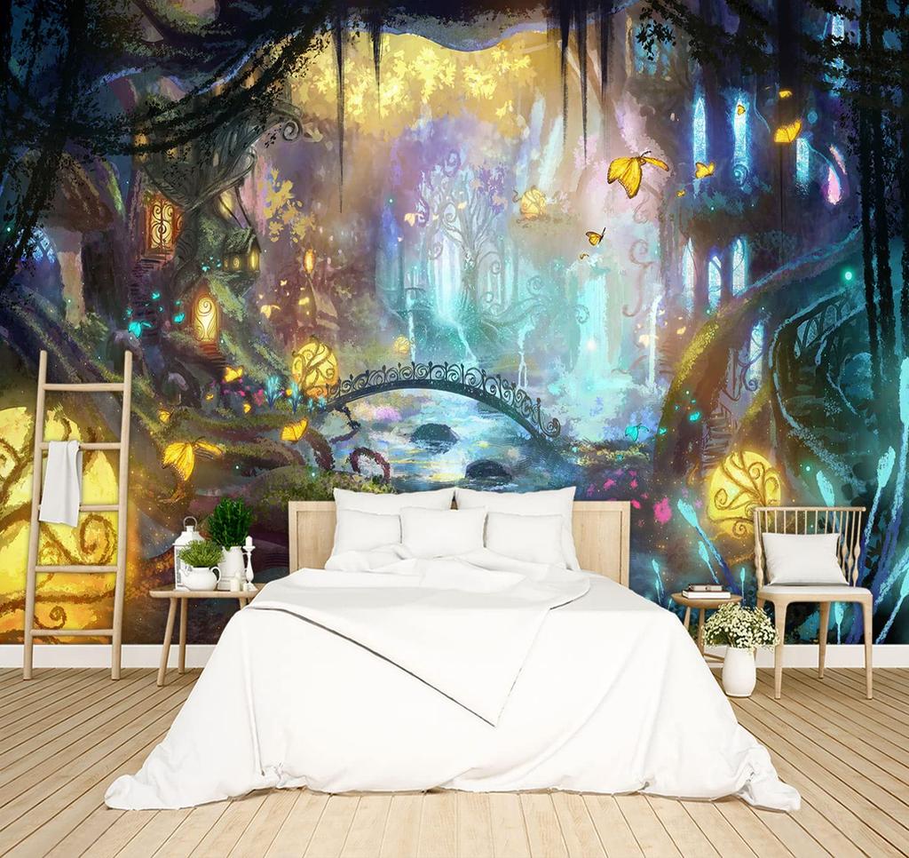 Fantasy Forest Tapestry, Dreamy Enchanted Wall Art with Glowing Bridge & Butterflies for Cozy Bedroom & Aesthetic Spaces