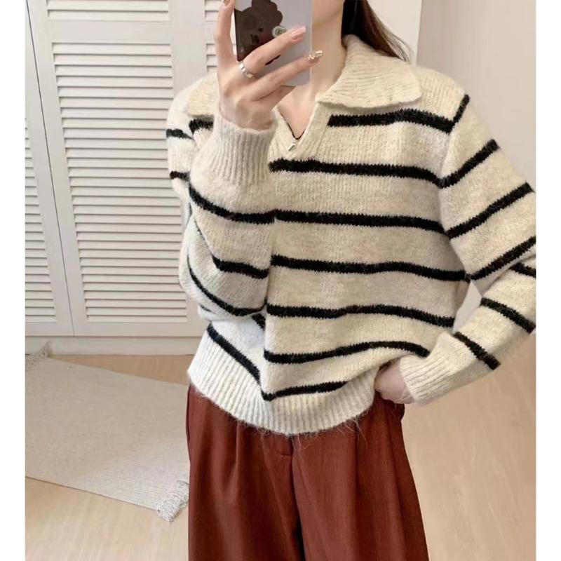 Lapel pullover sweater women's spring and autumn new simple contrasting stripes lazy versatile loose knitted sweater