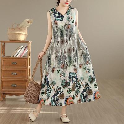 Αμάνικο Plus size Βαμβακερό vintage Floral νέο σε φορέματα για γυναίκες casual φαρδύ μακρύ καλοκαιρινό φόρεμα