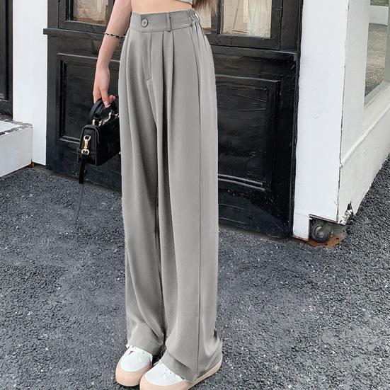 Women Suit Pants Elastic High Waist Button Zipper Fly Long Trousers Solid Color Straight Wide Leg Office Pants Streetwear