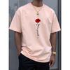 Men's Summer 100 Cotton Fashionable Casual Sports Loose Red Rose Pattern Printed Round Neck Short Sleeved T-shirt Top