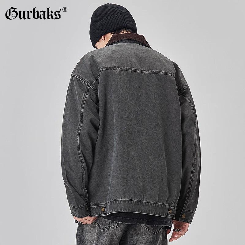 GURBAKS Vintage Distressed Washed Jacket for Men - Heavyweight Colorblock Lapel Workwear.