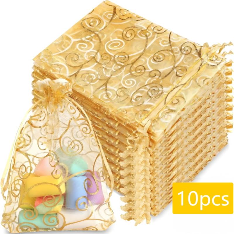 Shimmer Gold Candy Bags Drawable Organza Jewelry Packaging Pouch Christmas Holiday Wedding Birthday Party Favor Gift Wrap Bag