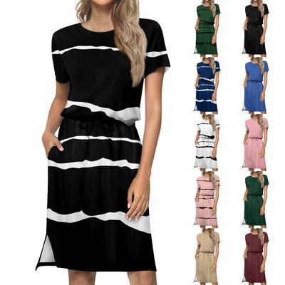 Vestido feminino solto casual cor sólida manga curta com bolso amarrado