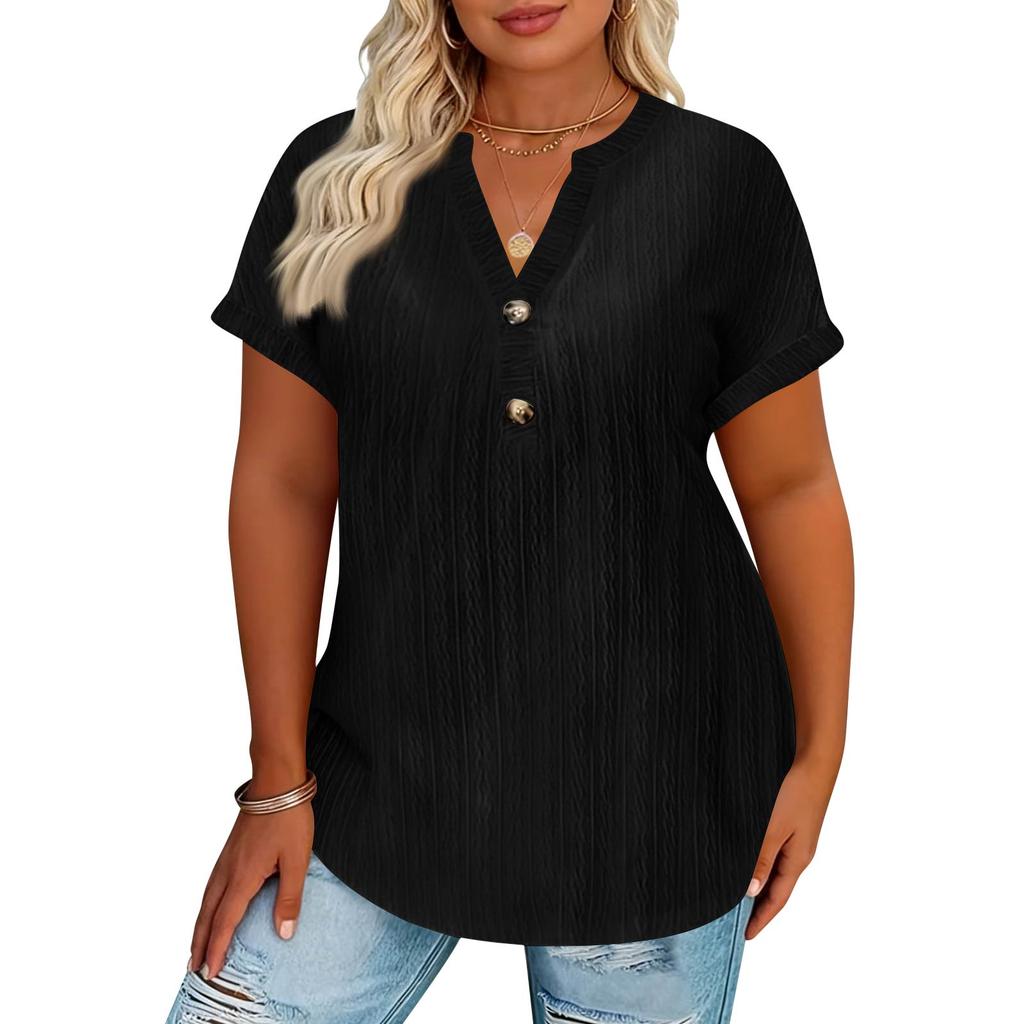 Women's Fashion Casual Button-Up V Neck T Shirt Pullover Short Sleeve Top