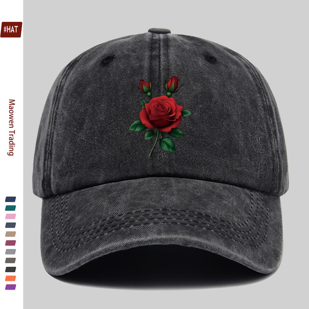 Pc Red Rose Green Leaf Print Baseball Cap for Women Men Adjustable Buckle Strap Lightweight Vintage Sun Hat Suitable for