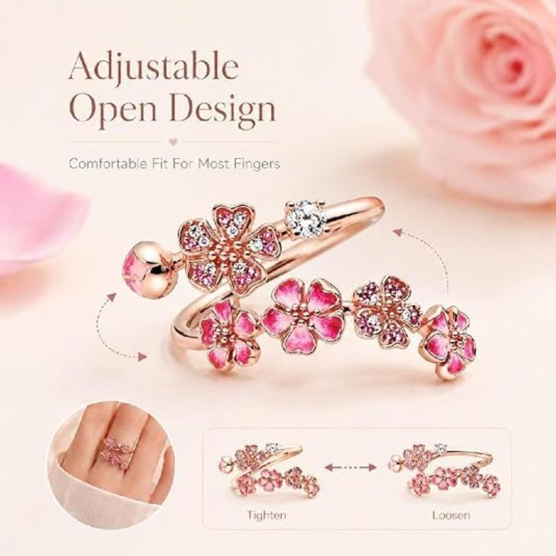 Anello regolabile, floreale rosa, anello aperto, stile femminile, design romantico con fiori di ciliegio, regalo di compleanno o per matrimonio