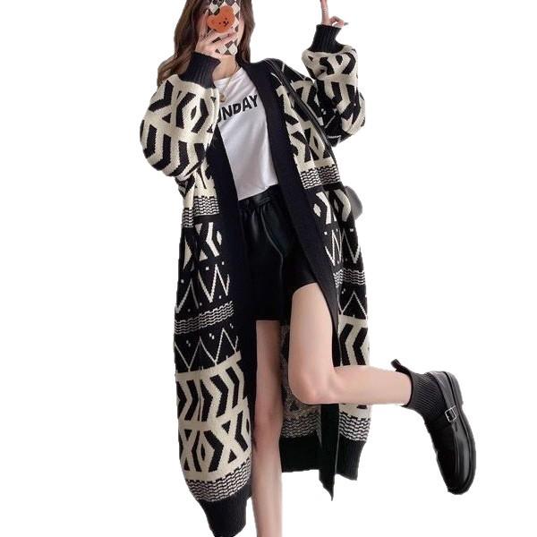 2026 Korean Knit Cardigan: Women's Geometric Over-the-Knee, Slimming, Lazy Style for Spring & Autumn