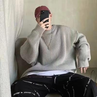 Pull Tricot Homme Ample Couleur Unie Col Rond Couche de Base Hiver Style Hong Kong Décontracté Pull Col Ras Automne Hiver