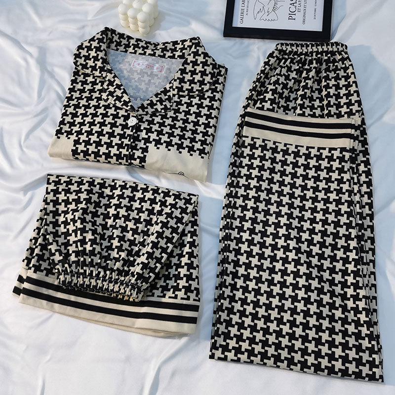 

Летняя женская пижама из трех частей, семейная одежда для девочек, брюки с коротким рукавом, одежда для весны и осени, повседневная пижама, семейная одежда L чёрный