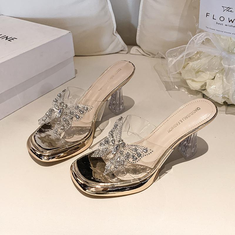 Fairy wind thick-soled cool slippers female 2025 summer new bow temperament high heels OL thick heel outer slippers