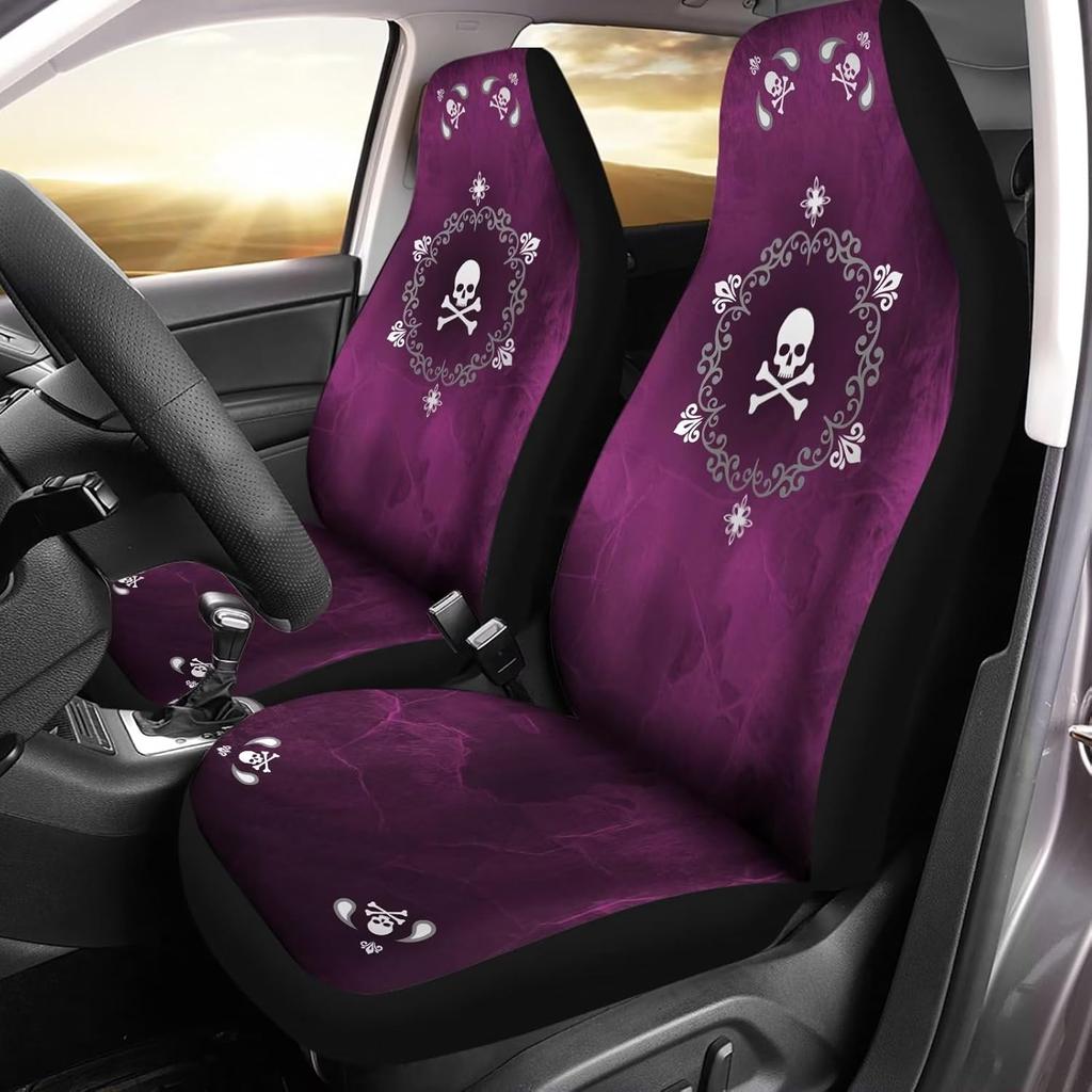 Bulopur Cute Black Gray Skull Set of 2 Car Seat Covers Universal Auto Front Seats Protector Fits for Car,SUV Sedan,Truck