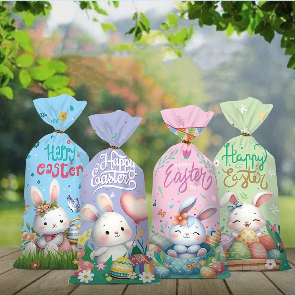 50pcs Happy Easter Plastic Candy Bags Little Bunny Colorful Balloon Gift Packing Bag Easter Egg Pattern Biscuits Wrapping Bag