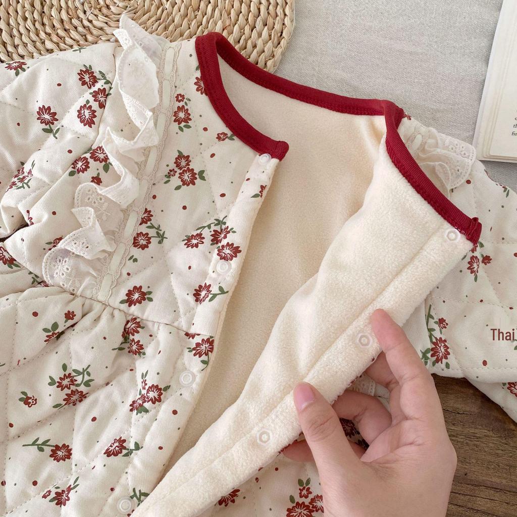 Korean Style Winter Fleece Romper for Baby Girls - Floral Lace Trim Outing Suit
