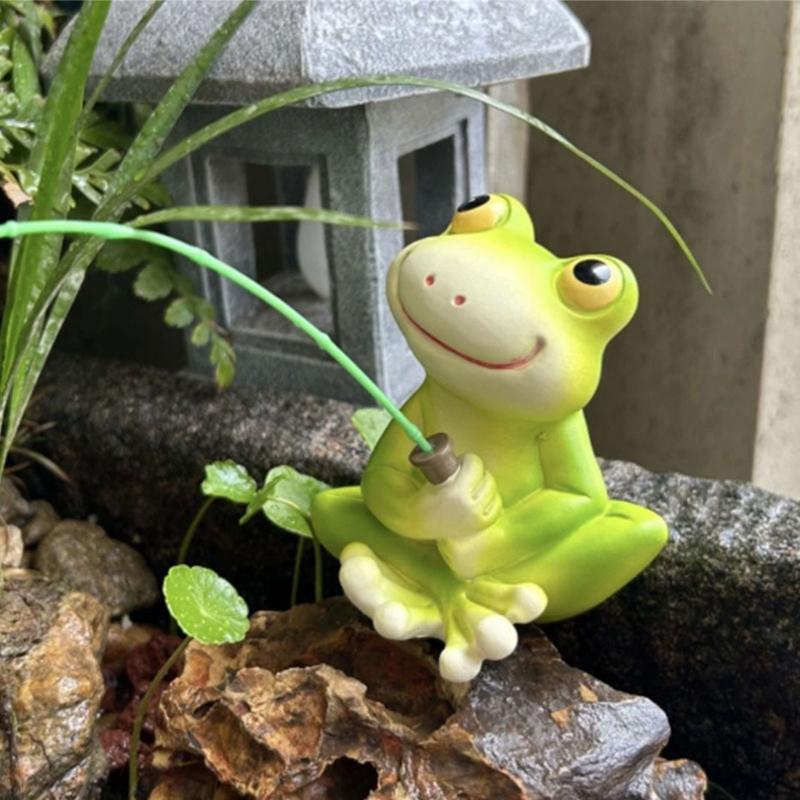 Cartoon Frogs Fishing Garden Sculpture Weather Resistant Resins Craft Figurine for Patios Fishponds and Landscape Design