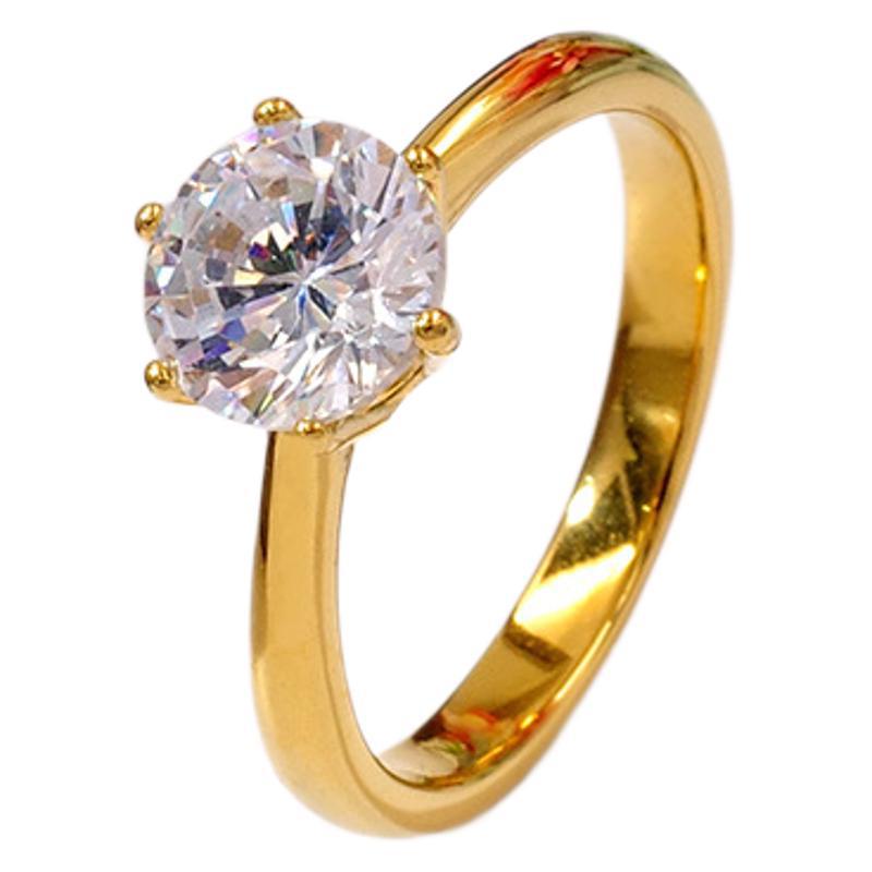 Gold-Plated Titanium Steel Ring with Large Zirconia Stone - Versatile Women's Wedding Band Design