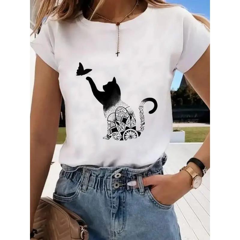 Short Sleeve Print Clothes Women Spring Summer Female Tee Fashion Cat Love Sweet Valentine Shirt Lady Graphic T-shirt