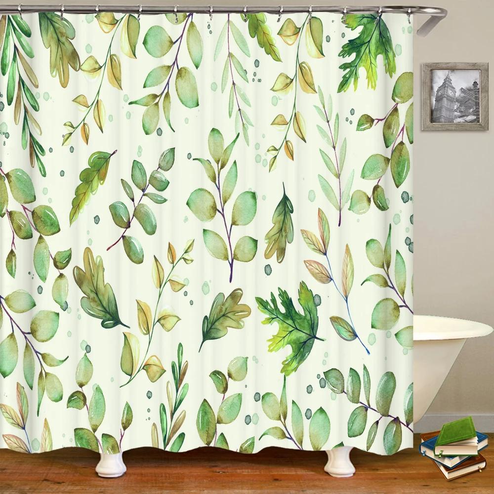 Tropical Plant Leaves Bath Curtain Waterproof Fabric Shower Curtains Colorful Palm Leaf Print Bathtub Screen for Bathroom Decor