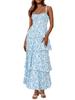 Damen Floral Maxikleid Spaghettiträger Rüschen Stufen Ärmellos Sommerkleid