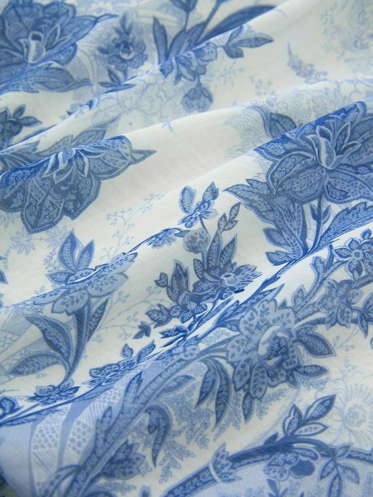 Rosegal Plus Size Blue And White Porcelain Flowers Print Twist Hollow Out Back Ruffles Dress